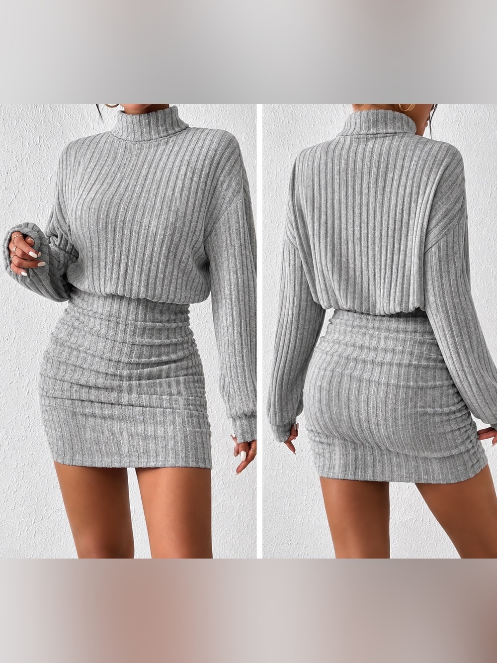 Gray Ribbed Turtleneck Ruched Sweater Mini Dress Size S NWOT